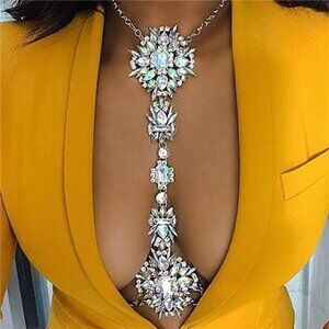 Boho Luxe Crystal Rhinestone Statement Chest Chain  Necklace Body Chain